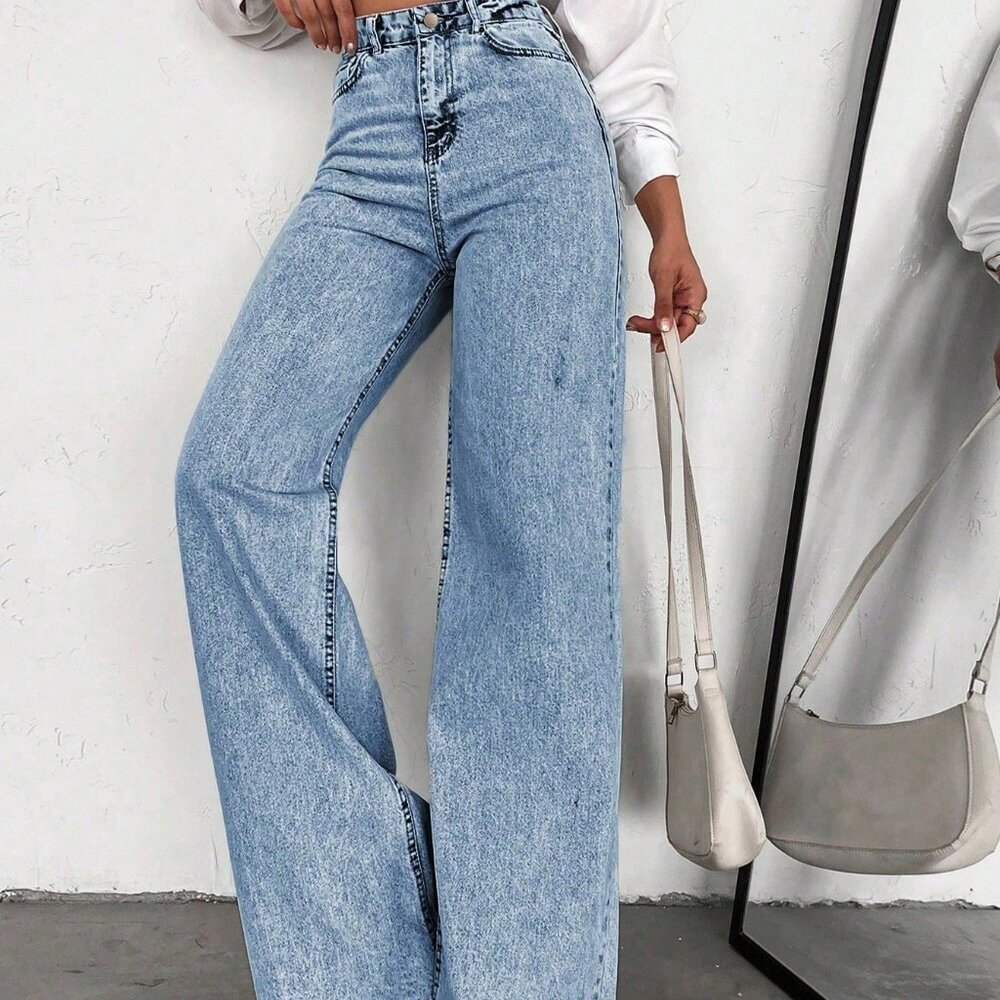 Medium Wash Casual Women's High Waist Wide Leg Jeans Slim Fit Denim Trousers - Picture 5 of 5